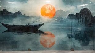 江上孤舟伴红日山水景