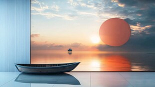 窗前小船伴海上落日美景