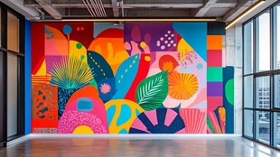 多彩几何植物风室内壁画