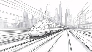 线条勾勒的高铁与城市景观