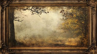 雾中森林油画框风景