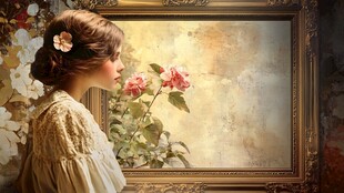 古典少女凝视娇艳玫瑰