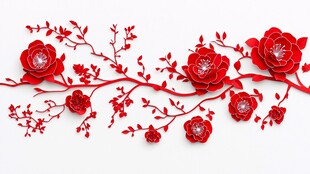 红色剪纸风花朵装饰图案