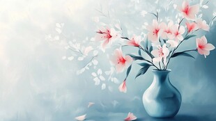 蓝色花瓶中的粉色花卉