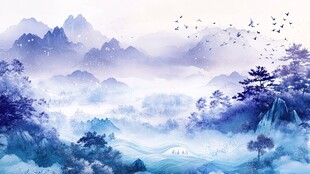 水墨群山飞鸟诗意画卷