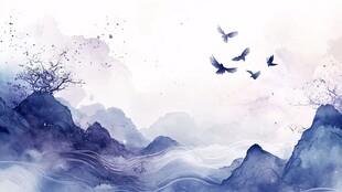 水墨山水间飞鸟翱翔图