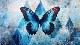 梦幻蓝蝶于几何背景飞舞