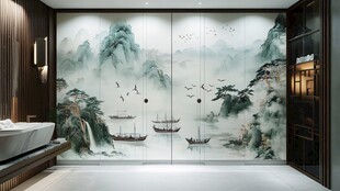中式山水风浴室背景墙