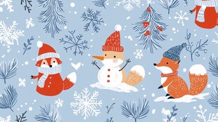 冬日萌趣动物雪景插画