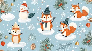 冬日萌趣狐狸与雪人插画