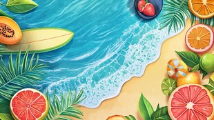 夏日海滩水果风情插画