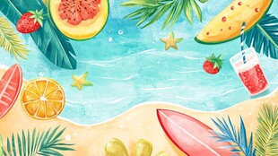 夏日海滩水果清爽插画