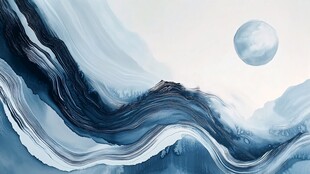 水墨风格海浪与月景图
