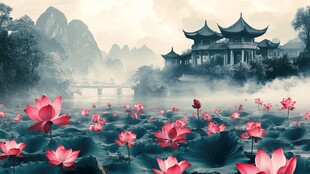 水墨荷花畔的中式古典建筑