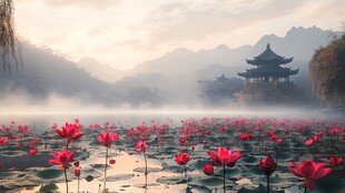 雾中荷景与古典亭阁之美