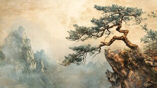 悬崖劲松 远山云雾入画