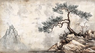 水墨孤松屹立于山石间