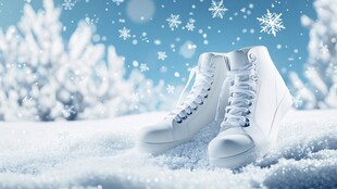 雪地中的白色高帮运动鞋