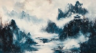 水墨山水间的诗意小亭