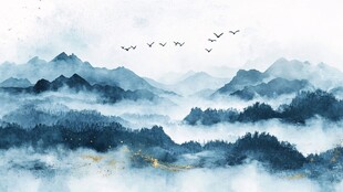 水墨山水间飞鸟翱翔之景
