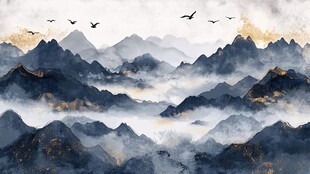 水墨群山飞鸟意境图