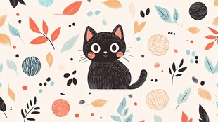 黑猫置身多彩花叶间