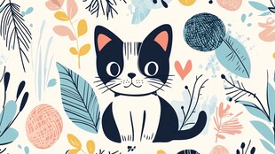 可爱猫咪与植物插画图案