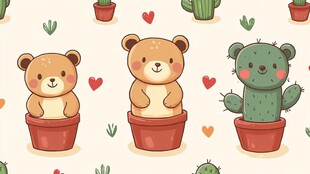 可爱小熊与仙人掌图案