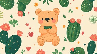 小熊与仙人掌的可爱图案