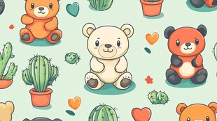 可爱小熊与仙人掌卡通图案