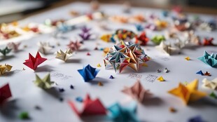 多彩折纸散落在白色背景上