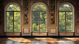 古典华丽房间的三扇大窗户