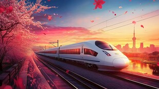 夕阳下的高铁穿行烂漫花海