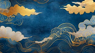 中式蓝金云浪古风背景图