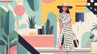 时尚女郎于多彩空间漫步