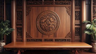 中式木雕背景的典雅长桌