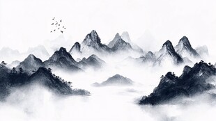 水墨山水间飞鸟伴云雾