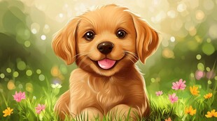 可爱金毛犬在花丛草地