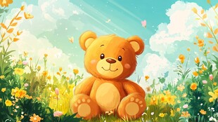 小熊坐于烂漫花丛中