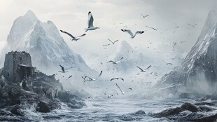 山海间群鸟翱翔壮丽景象