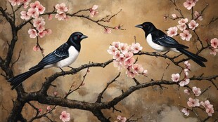 枝头双鹊伴繁花