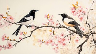 双鹊栖于繁花枝头