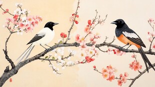 枝头双鹊闹 繁花春意浓