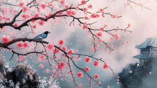 红梅枝头鸟栖 古韵美景