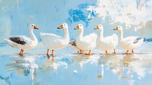 湖畔白鹅漫步图