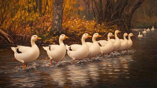 秋日河畔的白鹅队伍