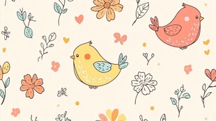 可爱小鸟与花卉卡通图案