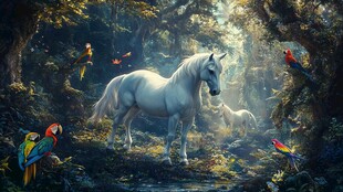 森林中白马与多彩鹦鹉