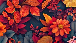 秋日绚丽花叶图案插画