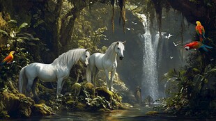 奇幻森林中的白马与飞鸟